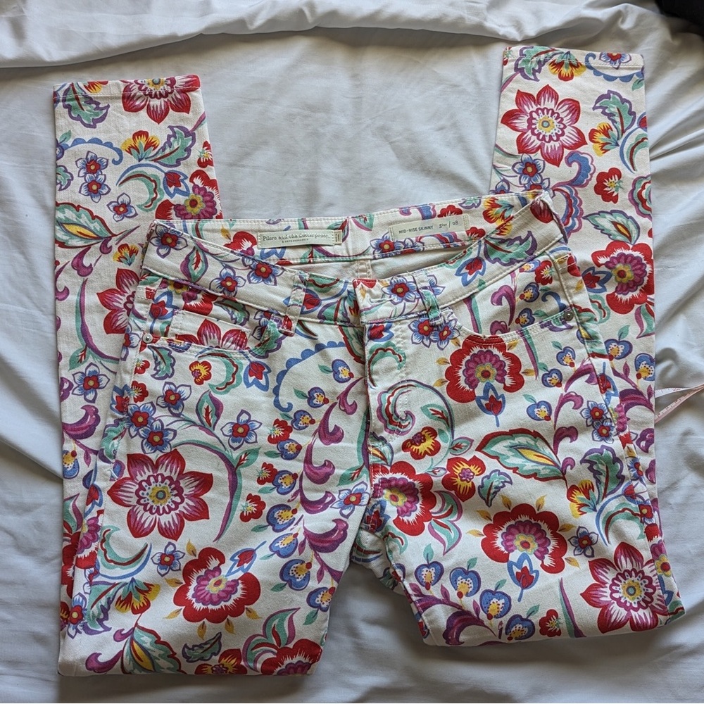 Anthropologie, Pilcro & the Letterpress, white and floral skinny jeans, size 28
